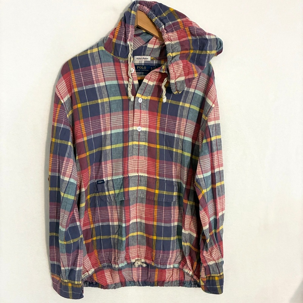 Polo Ralph Lauren Indian Madras Hooded Henley Popover Shirt Mens XL Plaid Preppy